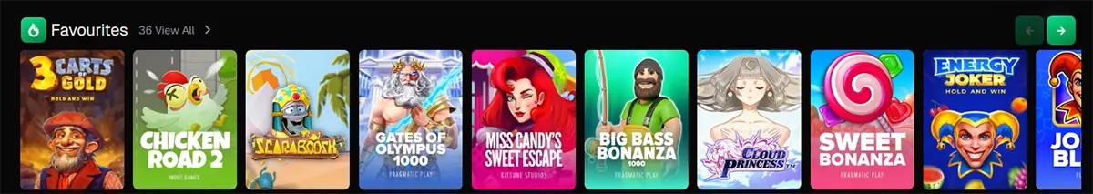 Horizontal “Favourites” game carousel showing popular slot titles such as 3 Carts Gold, Chicken Road 2, Scarabook, Gates of Olympus 1000, Big Bass Bonanza, Sweet Bonanza, and others, with colorful game thumbnails and navigation arrows for browsing