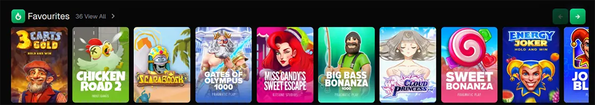 Horizontal “Favourites” game carousel showing popular slot titles such as 3 Carts Gold, Chicken Road 2, Scarabook, Gates of Olympus 1000, Big Bass Bonanza, Sweet Bonanza, and others, with colorful game thumbnails and navigation arrows for browsing