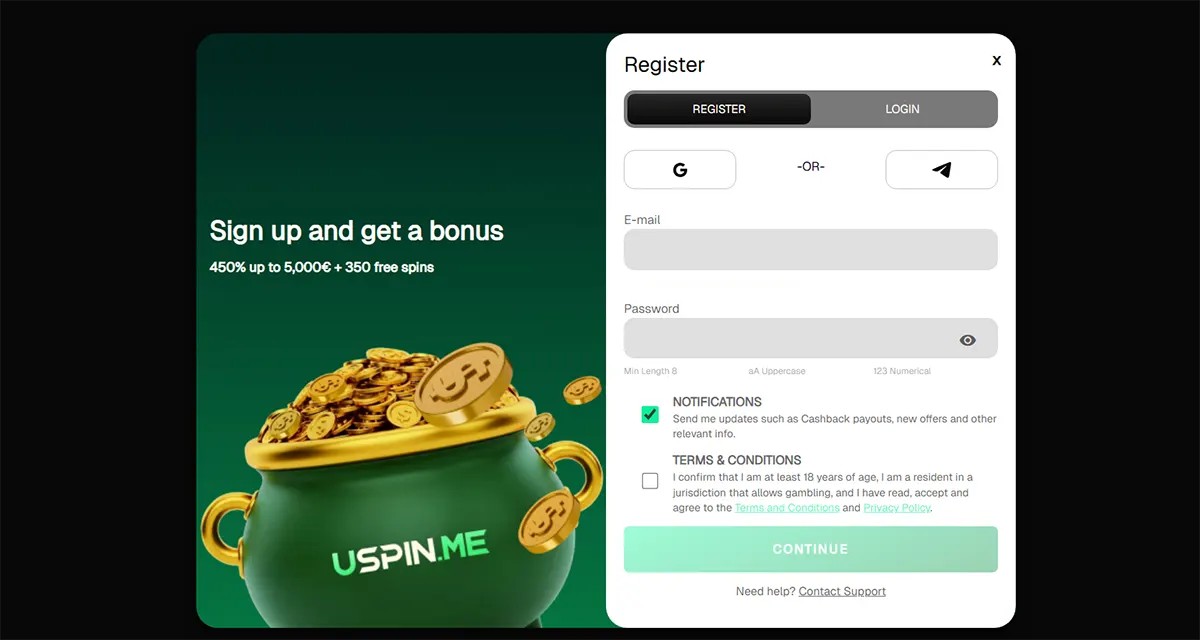 Casino registration pop-up with email and password fields, social sign-up options, and consent checkboxes, alongside a promotional banner offering 450% up to €5,000 + 350 free spins with a coin-filled pot graphic and “Continue” signup button