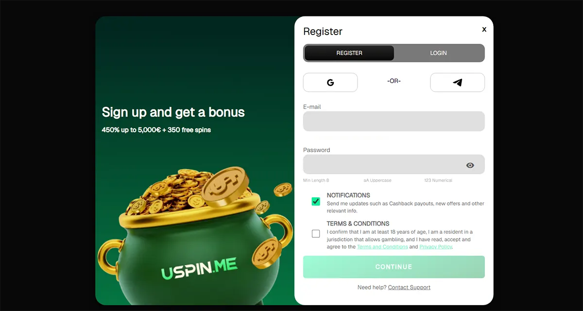Casino registration pop-up with email and password fields, social sign-up options, and consent checkboxes, alongside a promotional banner offering 450% up to €5,000 + 350 free spins with a coin-filled pot graphic and “Continue” signup button